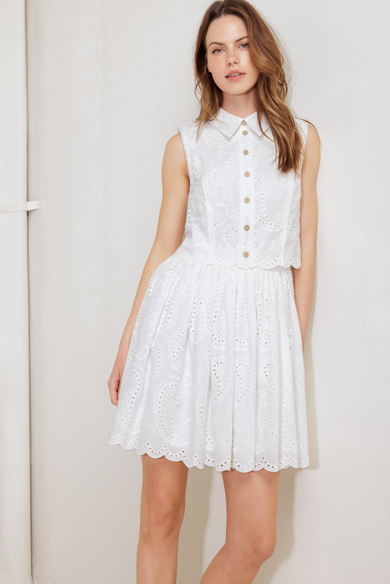 LEAF KISS WHITE WOVEN EYELET MINI DRESS Flying Tomato